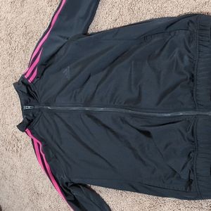 ADIDAS Track Jacket Front Pockets Black With Pink Stripes Full-Zipper Size L